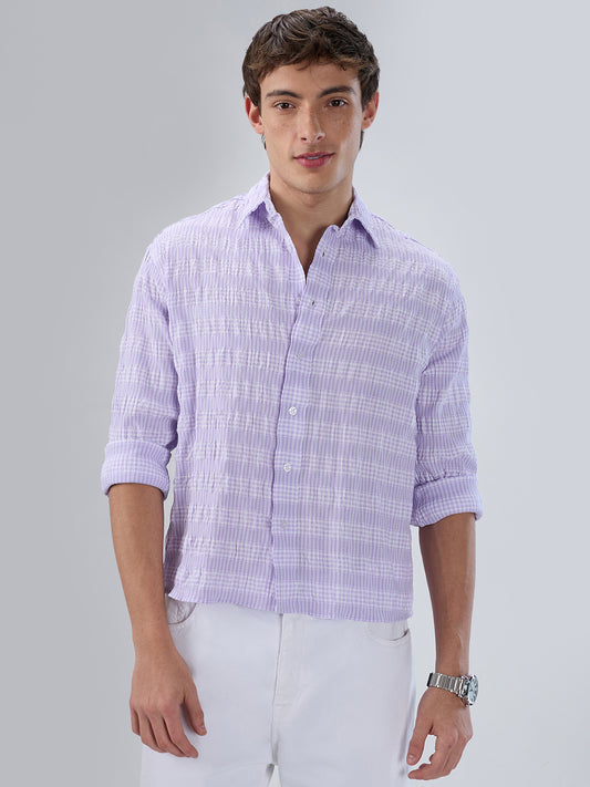 Purple Seersucker Gingham Checks Boxy Fit Crop Shirt