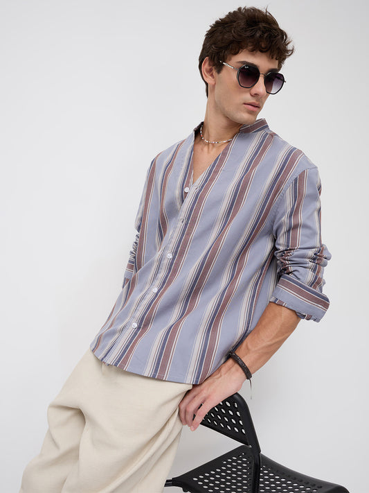 Blue & Brown Bold Stripes Stand Collar Oversized Shirt