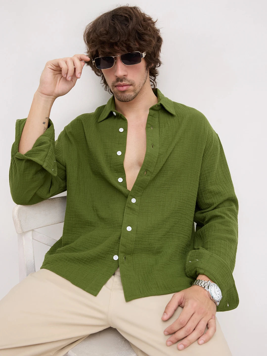 Evergreen Double Cloth Boxy Fit Crop Shirt