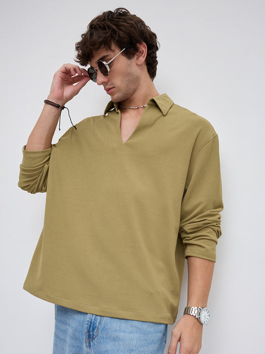 Soft Olive Oversized Knitted Polo Shirt