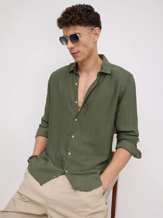 Refined Olive Streaky Emboss Shirt