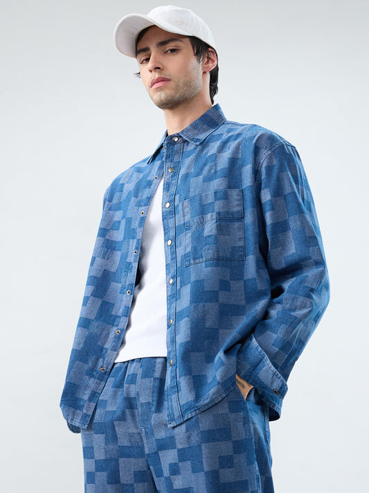 Elegant Denim Patch Block Checks Boxy Fit Crop Shirt