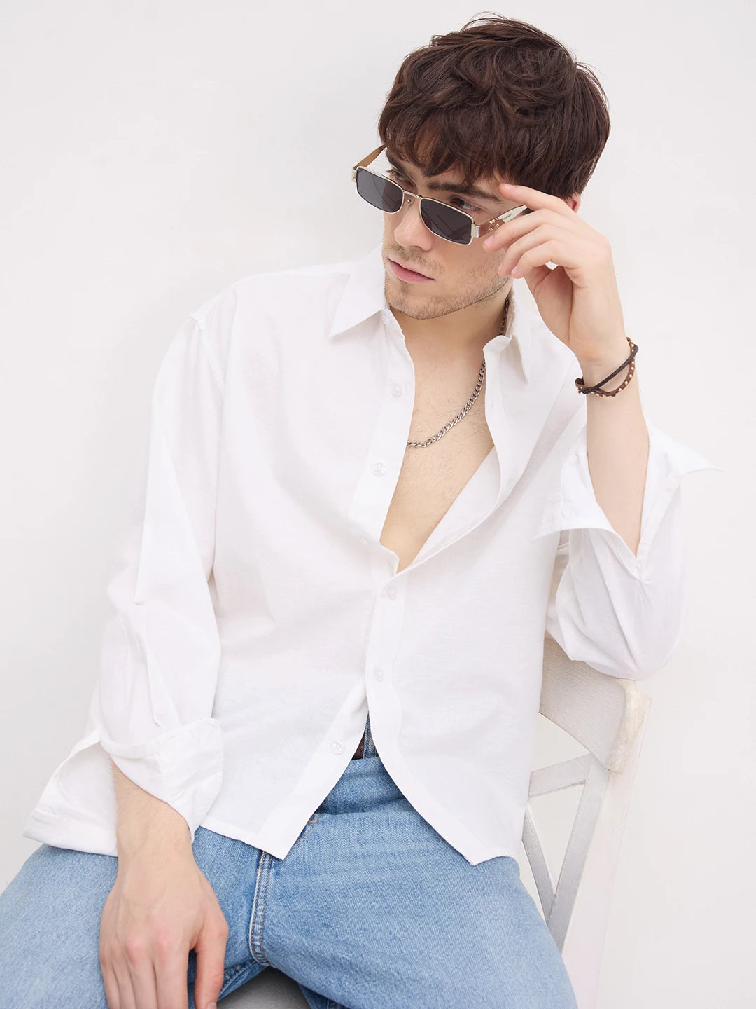 Pearl White Linen Blend Boxy Fit Crop Shirt