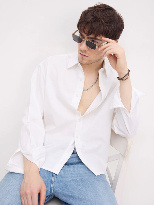Pearl White Linen Blend Boxy Fit Crop Shirt