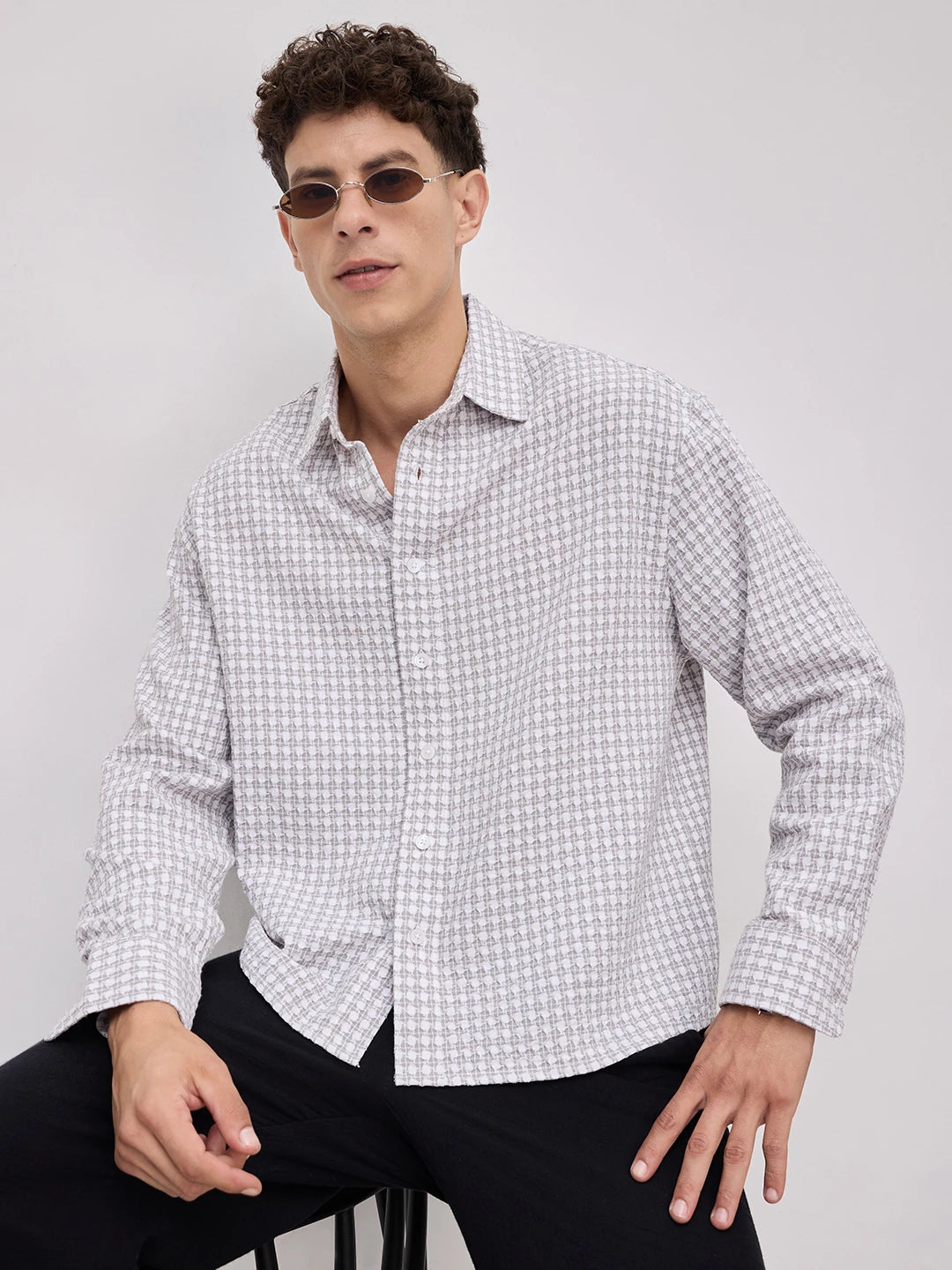 Glacier Grey Mosaic Textured Boxy Fit Crop Shirt