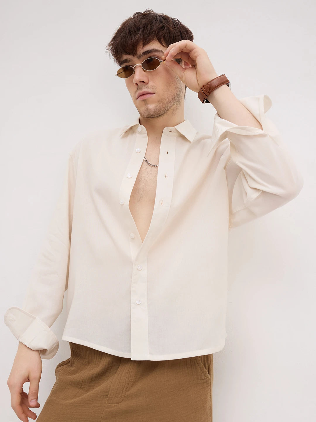 Classic Bisque Beige Boxy Fit Crop Shirt