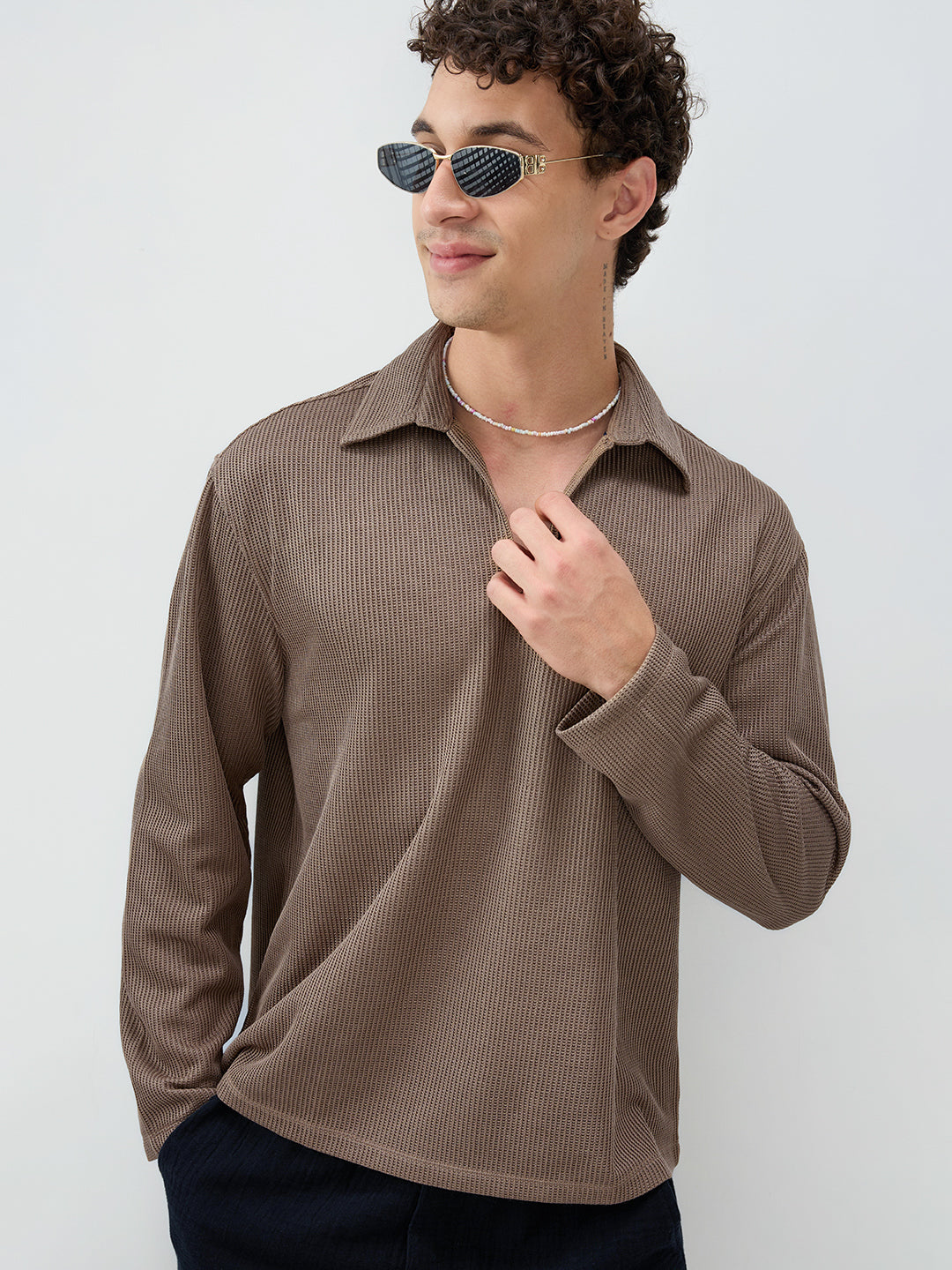 Brown Refined Textured Knitted Oversized Polo Shirt