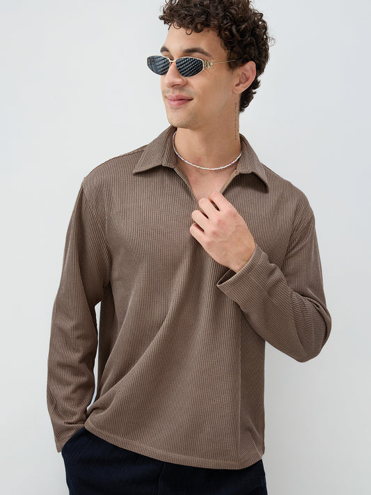 Brown Refined Textured Knitted Oversized Polo Shirt