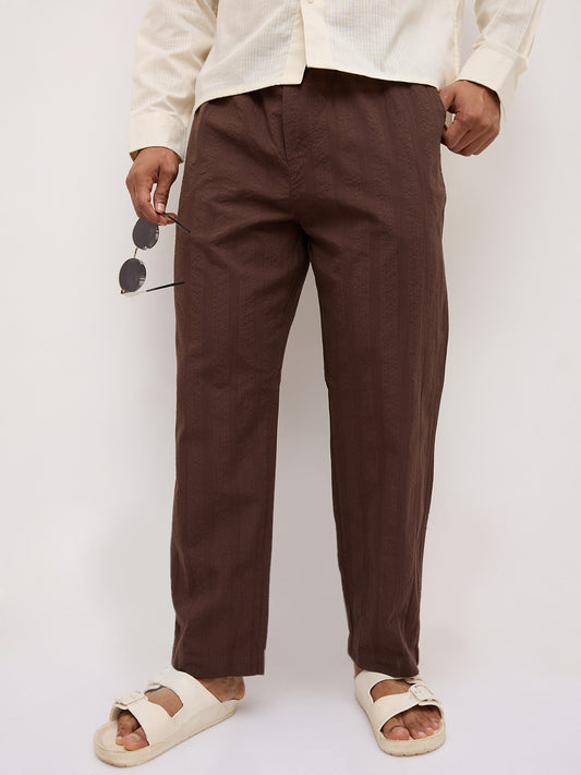 Coffee Brown Seersucker Striped Tapered Trousers
