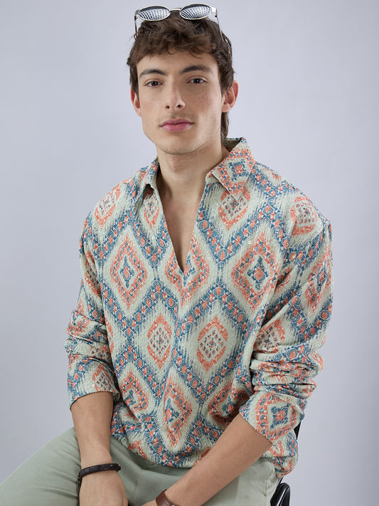 Jashn Aura Blue Sequin Embroidered Polo Neck Oversized Shirt