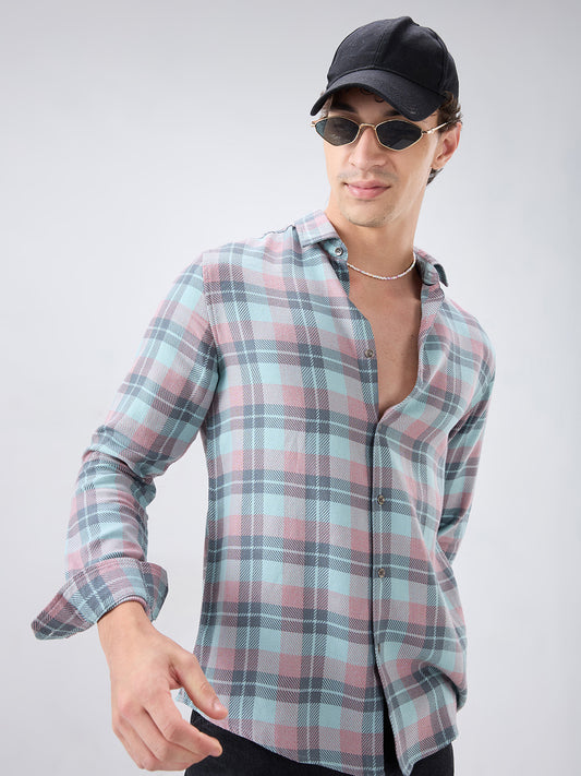 Vintage Blue Diagonal Textured Overlay Checks Shirt