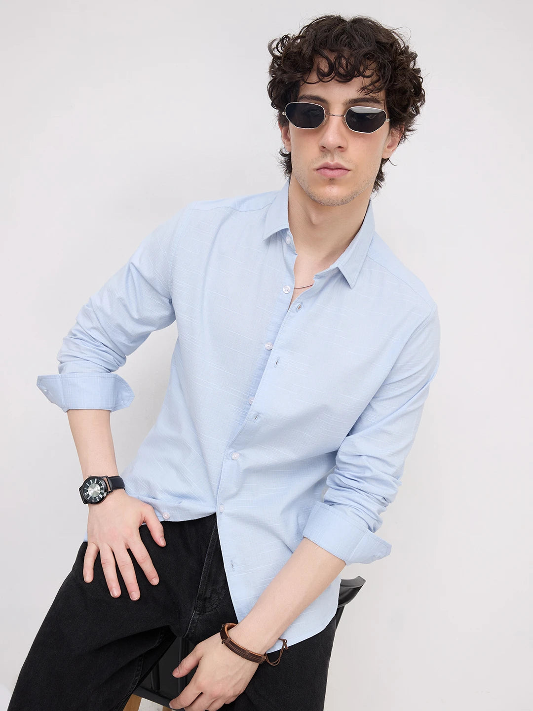 Soft Blue Square Textured Everyday Shirt