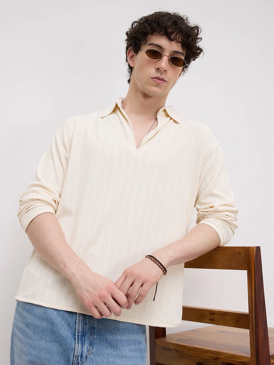 Ivory Linework Airknit Oversized Polo Shirt