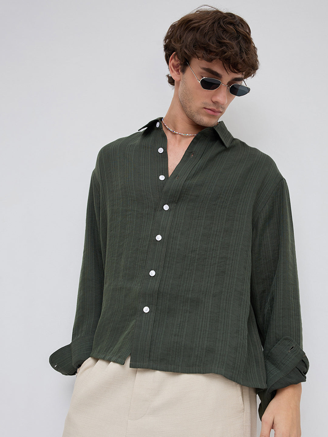 Olive Pin Striped Crinkled Boxy Fit Crop Shirt