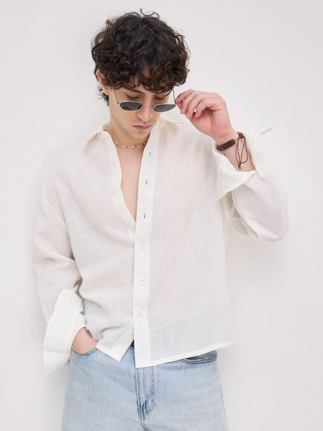 Plush Frost White Sheer Weave Boxy Fit Crop Shirt