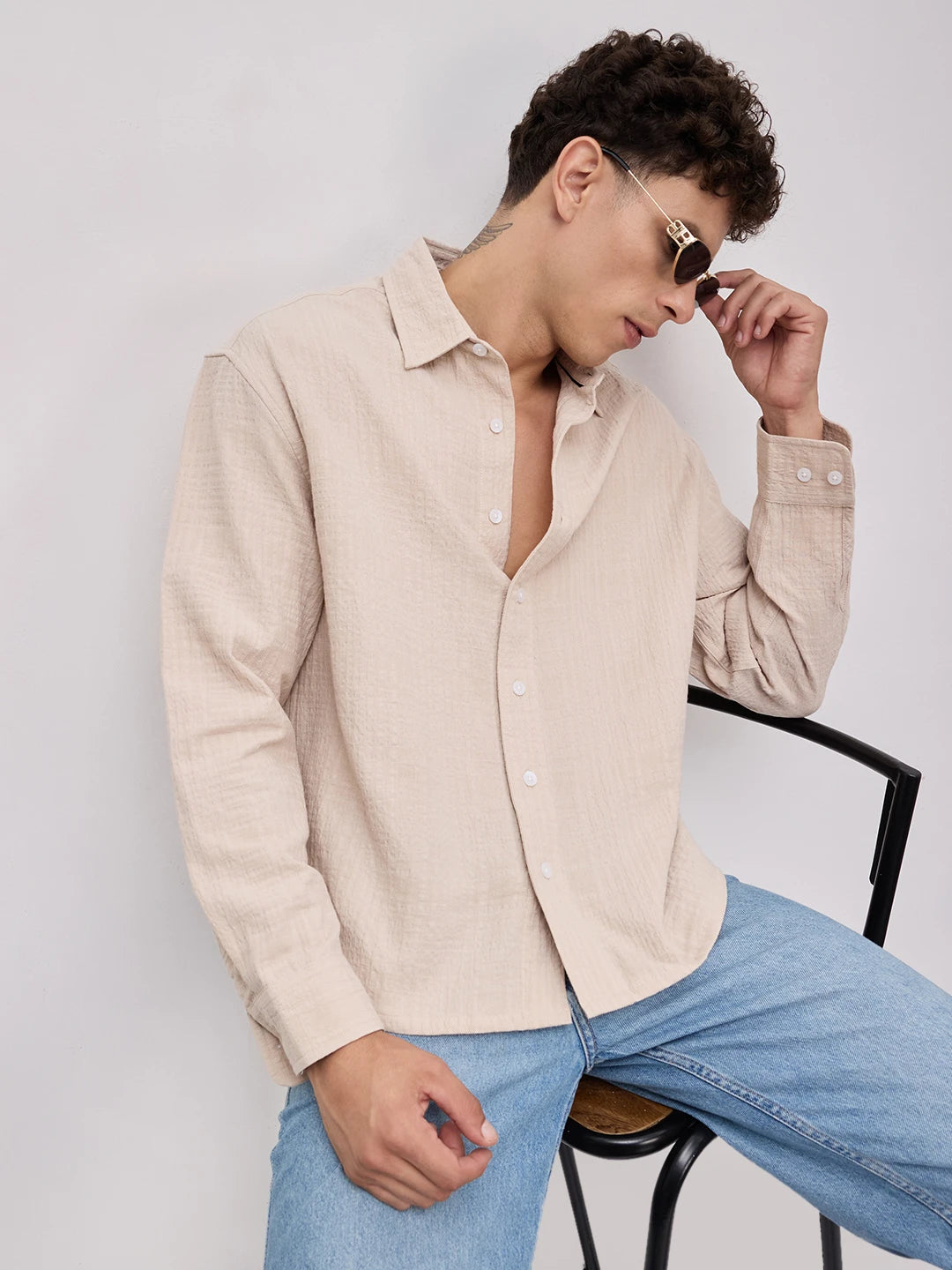 Beige Double Cloth Gauze Textured Boxy Fit Crop Shirt