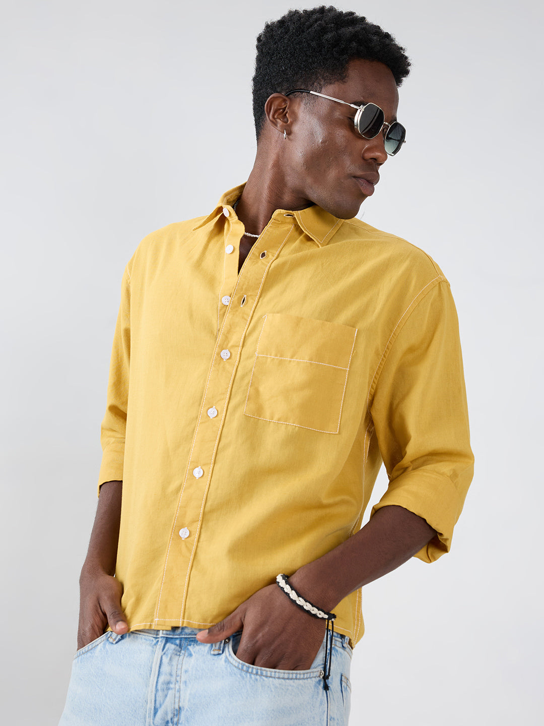 Luxe Mustard Contrast Stitch Linen Blend Boxy Fit Crop Shirt