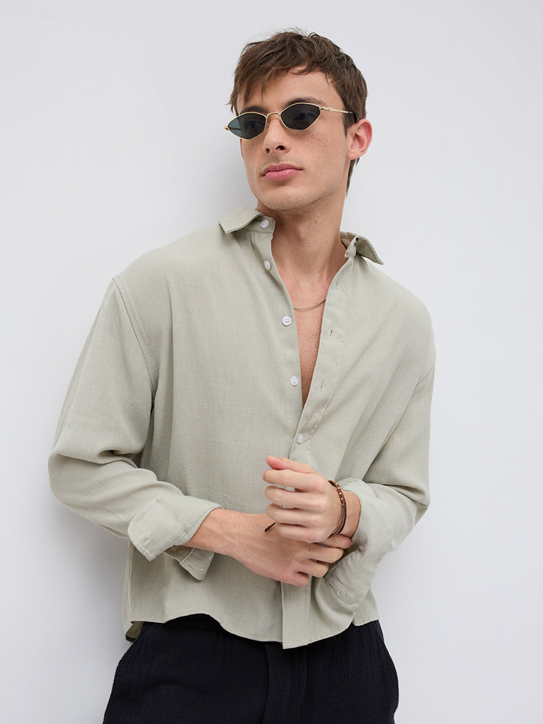 Sage Green Fine Weave Boxy Fit Crop Shirt