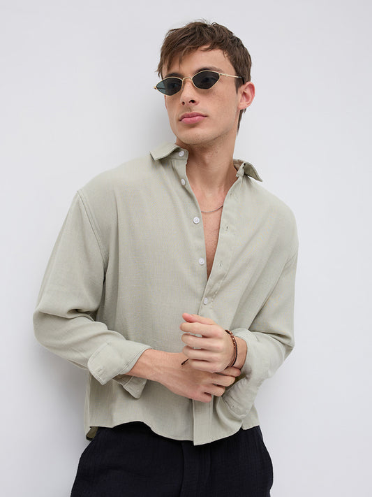 Sage Green Fine Weave Boxy Fit Crop Shirt