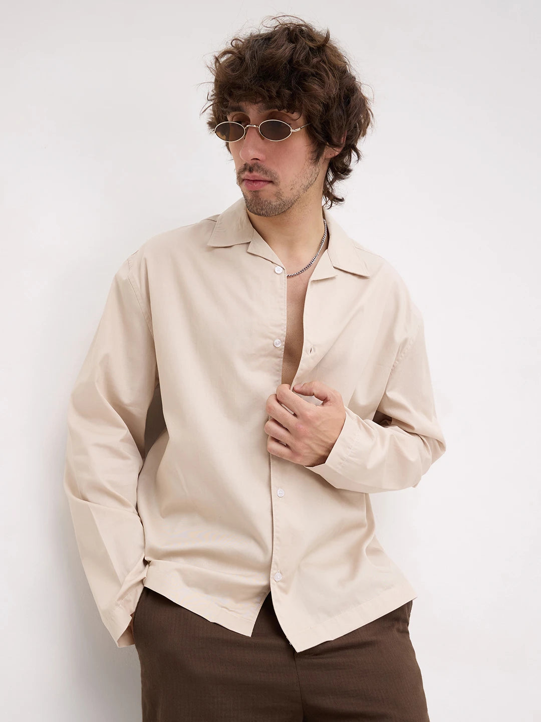 Sand Beige Twill Notch Collar Oversized Shirt