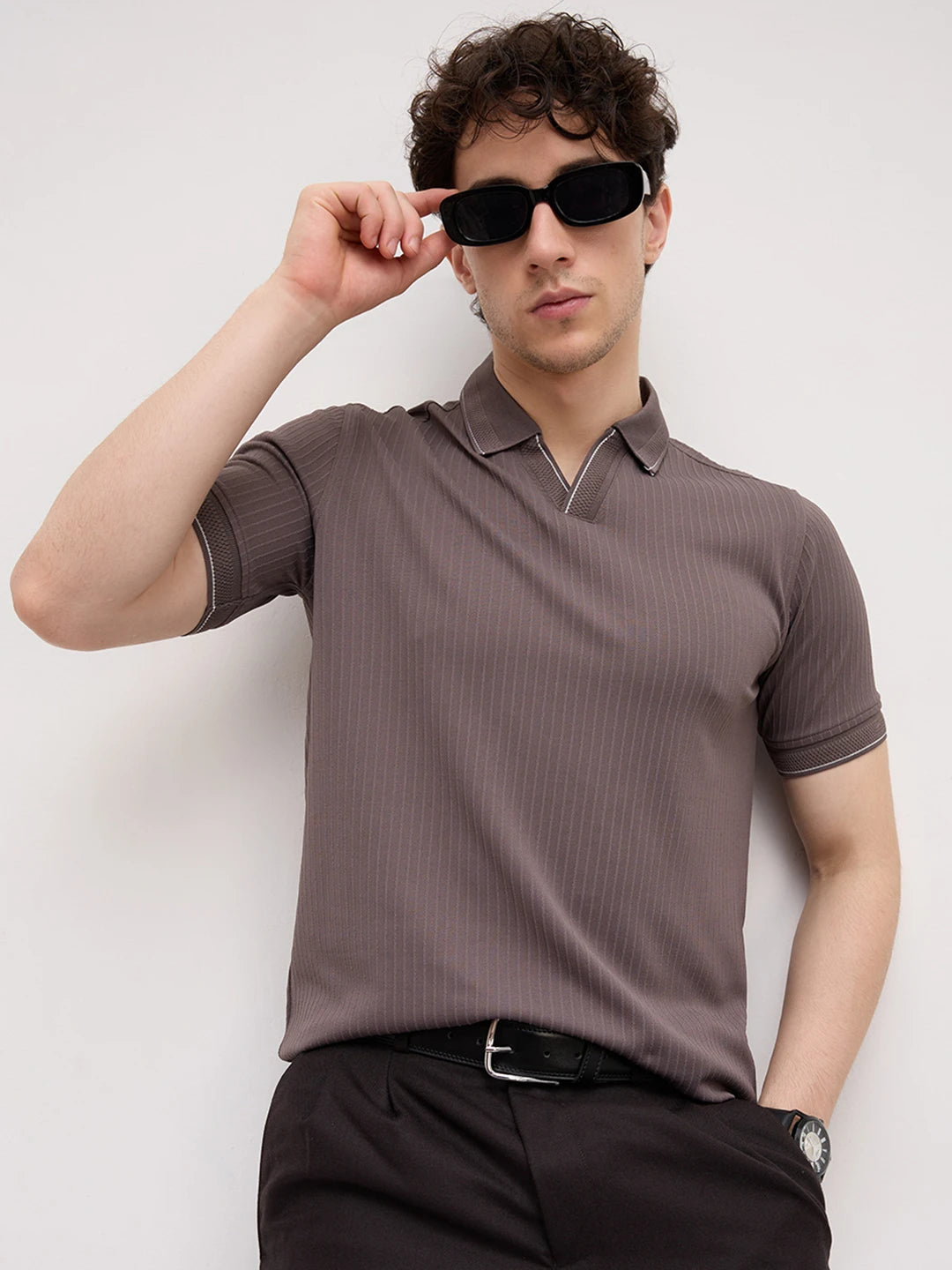 Graphite Grey Pinstripe Weave Polo Tee