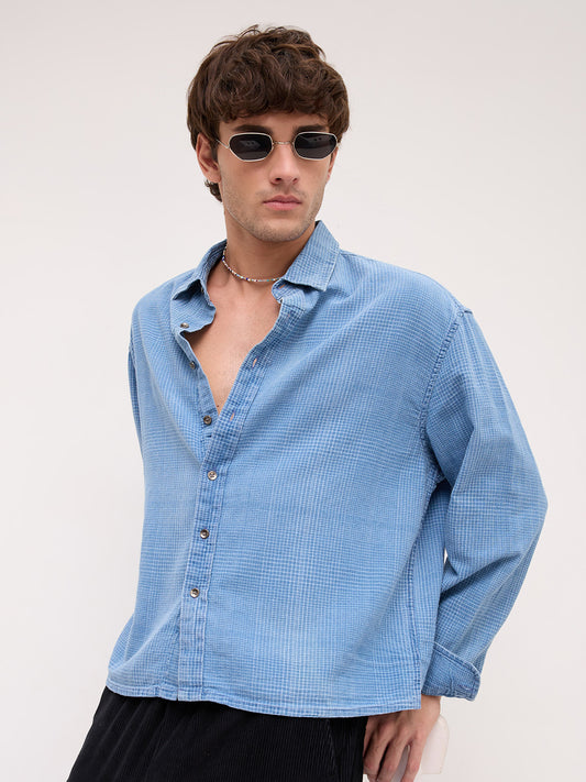 Premium Denim Fine Box Checks Boxy Fit Crop Shirt