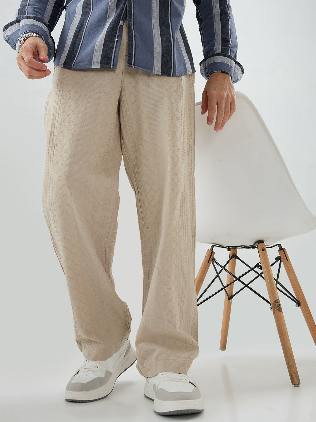 Sand Beige Waffle Textured Straight-Fit Trousers
