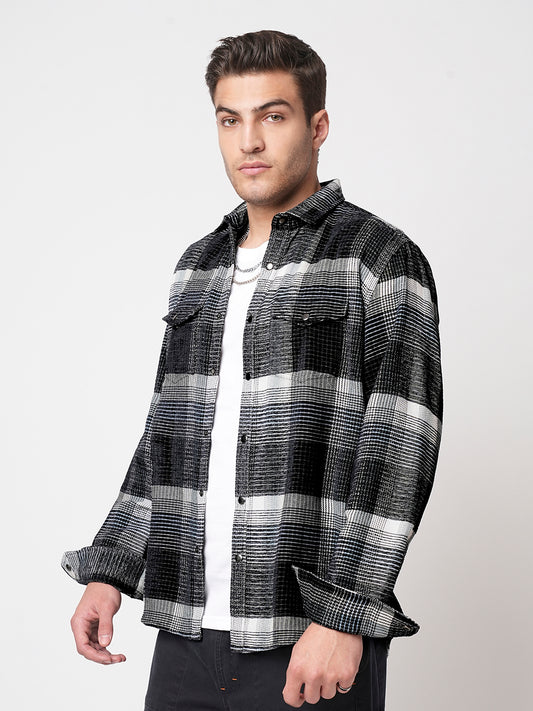 Black Checks Double Flap Pocket Corduroy Shirt
