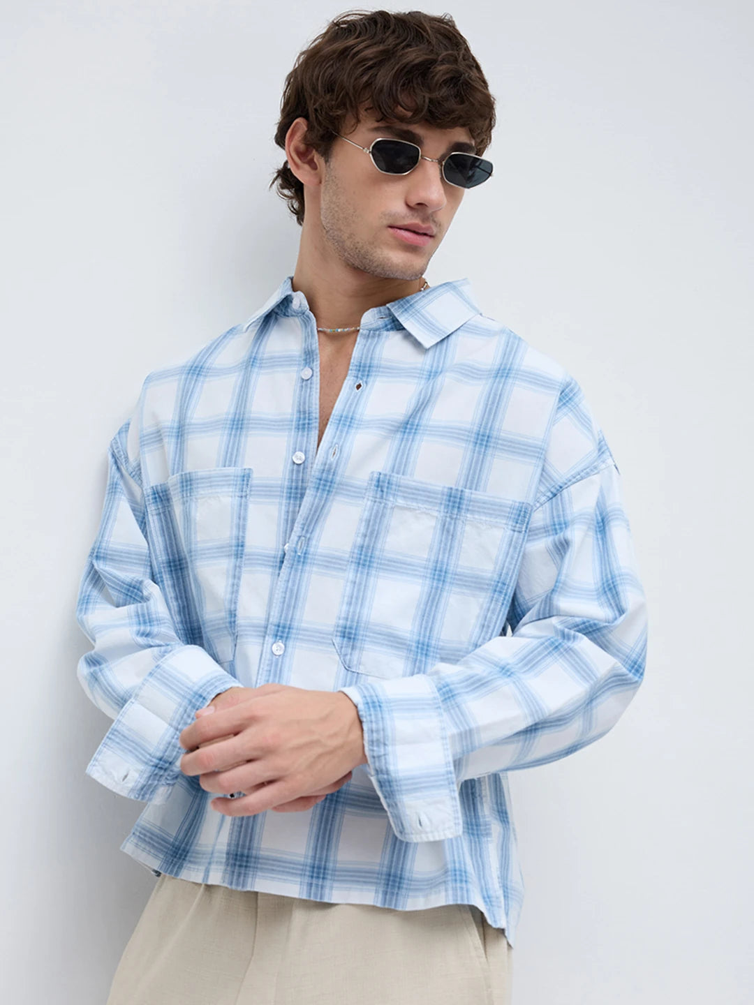 Timeless Denim Plaid Checks Twin Pocket Oversized Crop Shirt