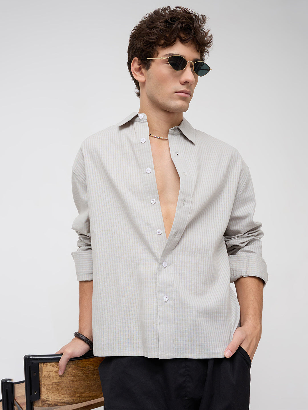 Misty Grey Fine Grid Weave Boxy Fit Crop Shirt