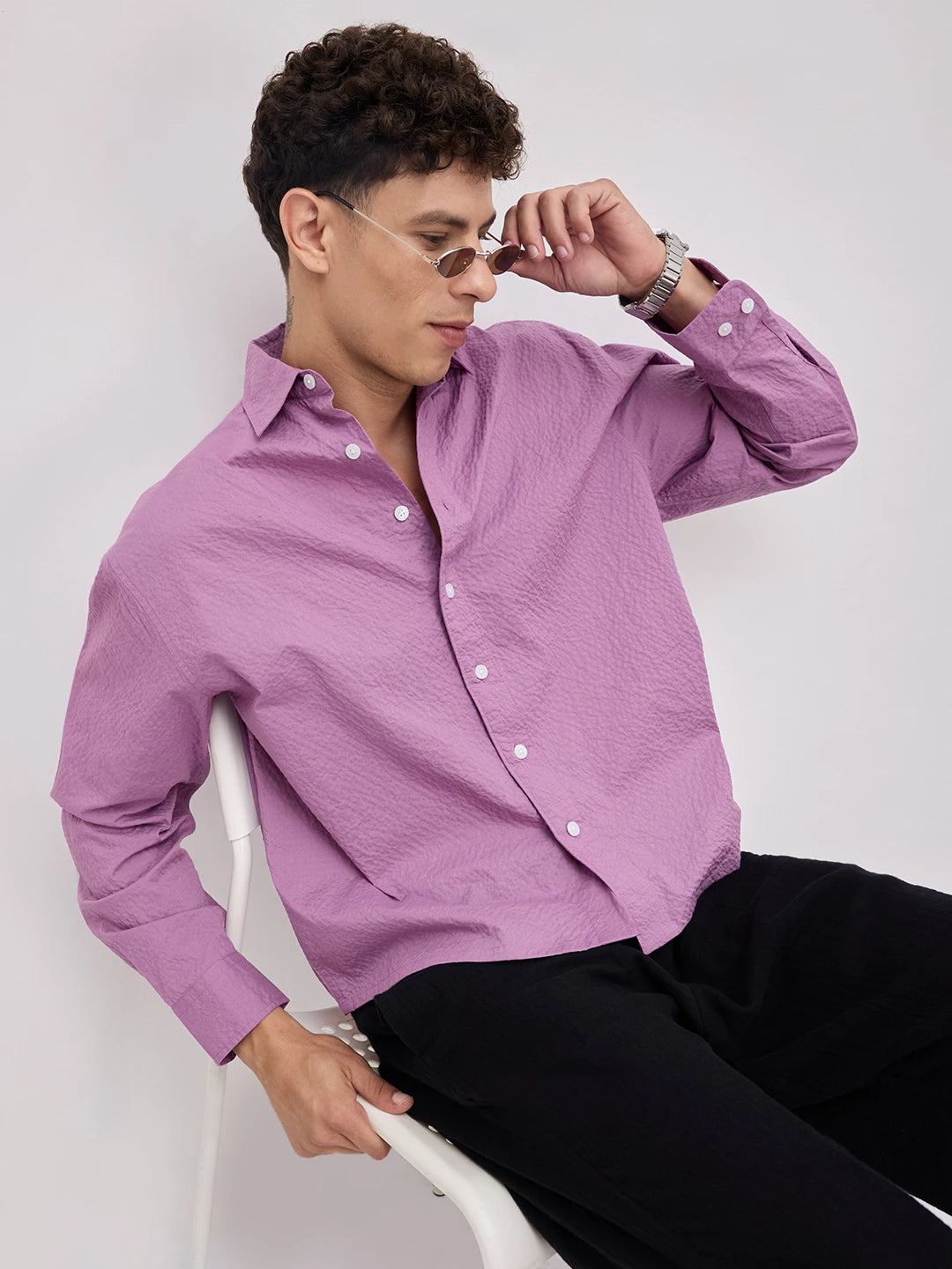 Crushed Fuchsia Pink Textured Boxy Fit Crop Shirt