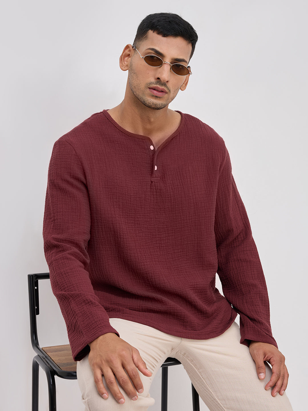 Debonair Maroon Double Cloth Henley Neck Oversized Shirt