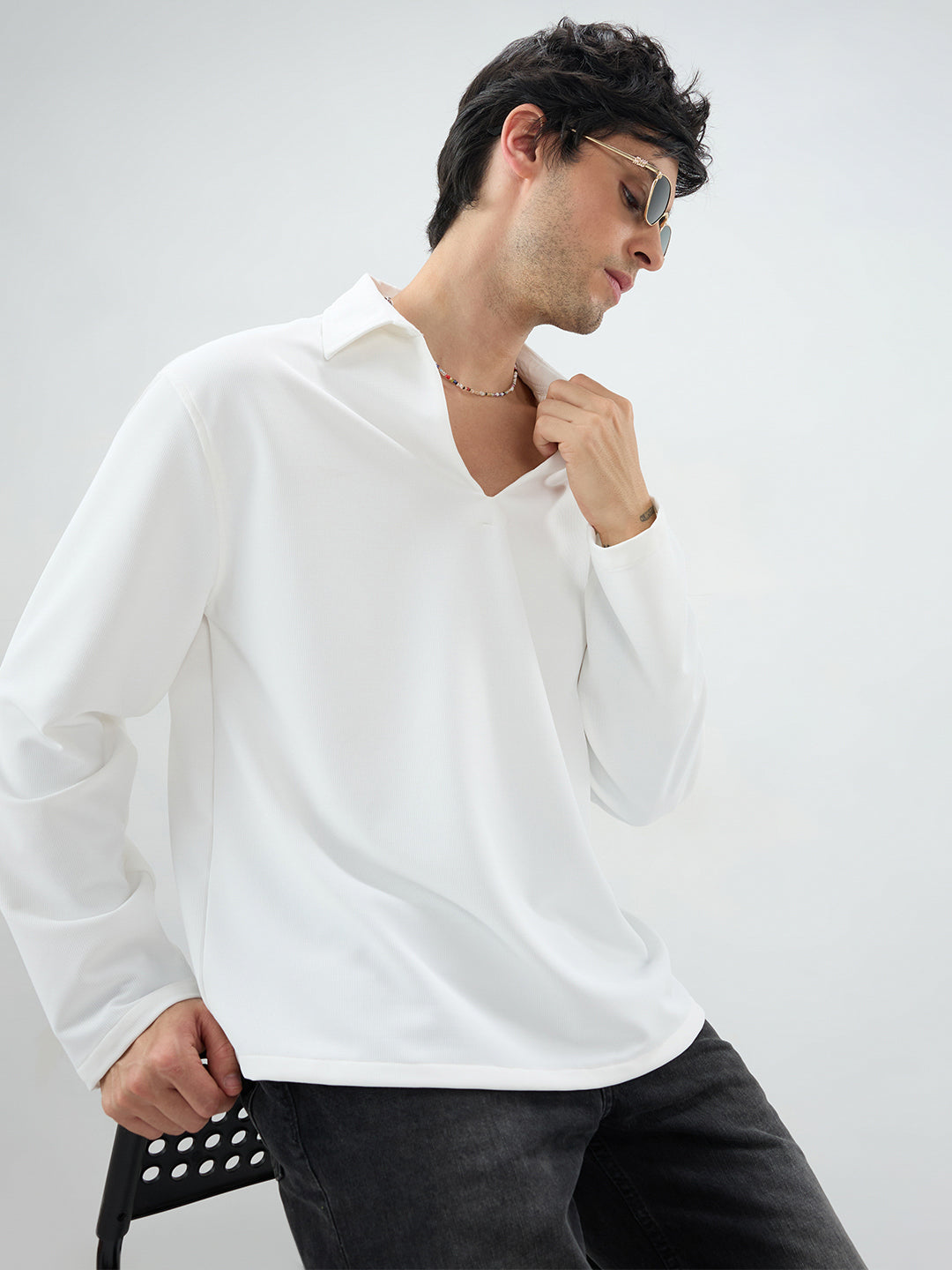 Snow White Oversized Polo Tencel Knit Shirt