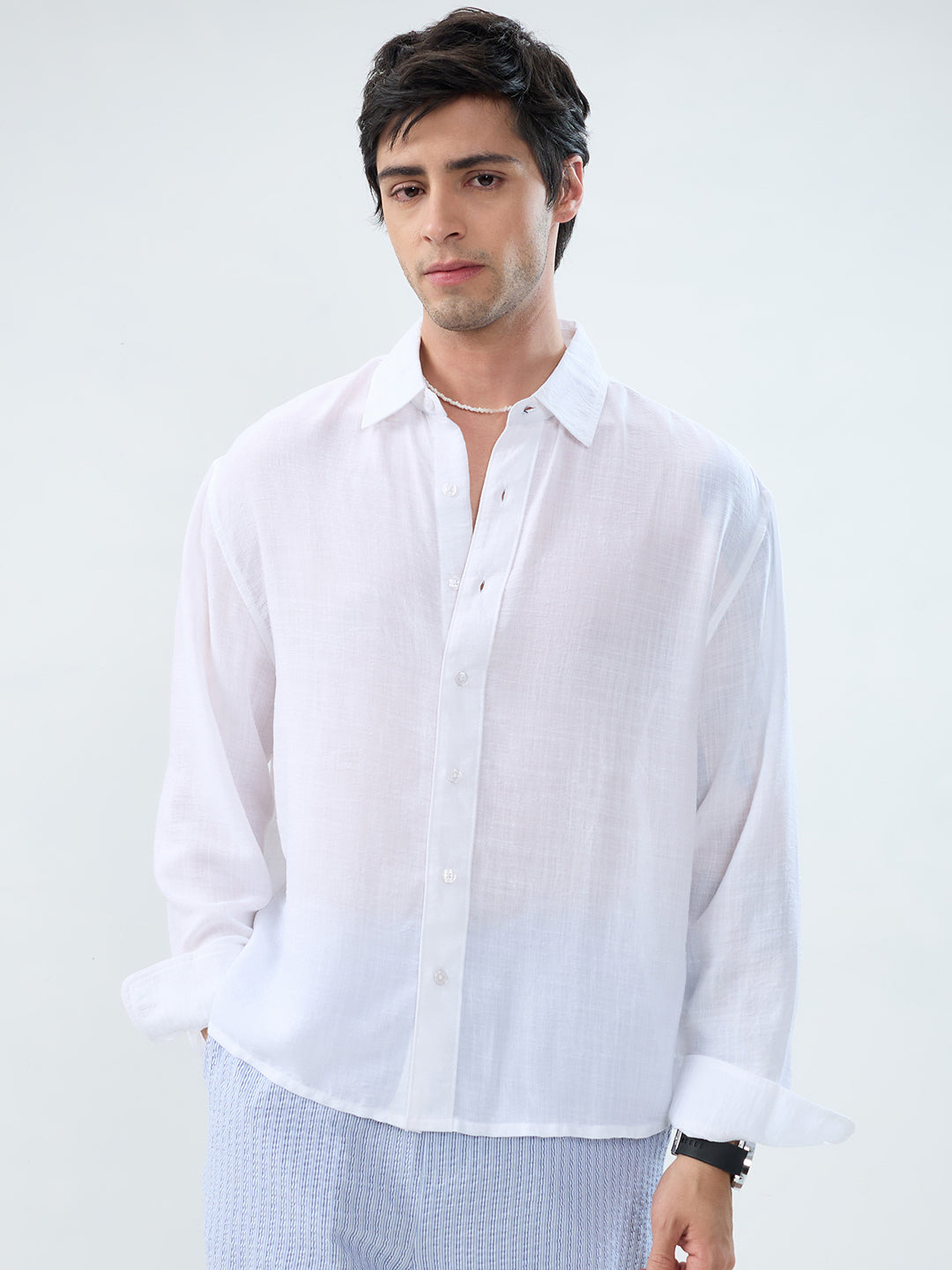 Elegant Pearl White Sheer-Weave Boxy Fit Crop Shirt