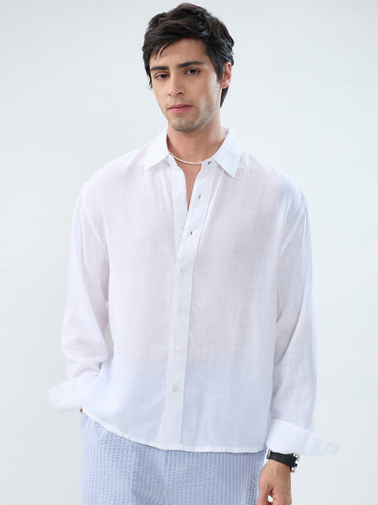 Elegant Pearl White Sheer-Weave Boxy Fit Crop Shirt