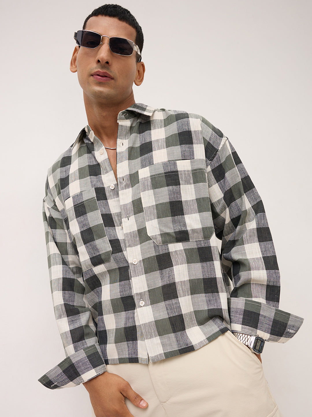 Distinguished Olive Block Checks Twin Pocket Boxy Fit Crop Shirt