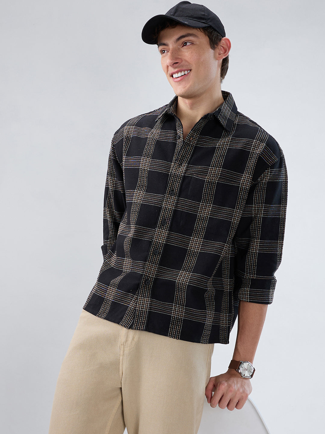 Black & Brown Contrast Panel Checks Boxy Fit Crop Shirt