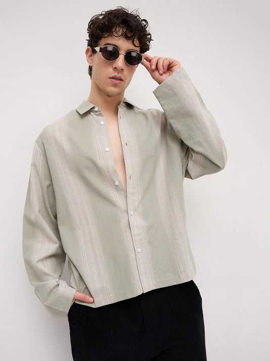 Mist Green Vertical Textured Cuffless Oversized Shirt