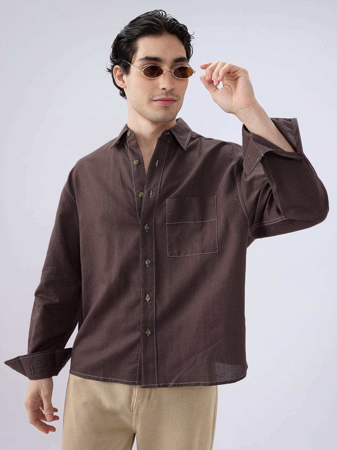 Elegant Brown Linen Contrast Stitch Boxy Fit Crop Shirt
