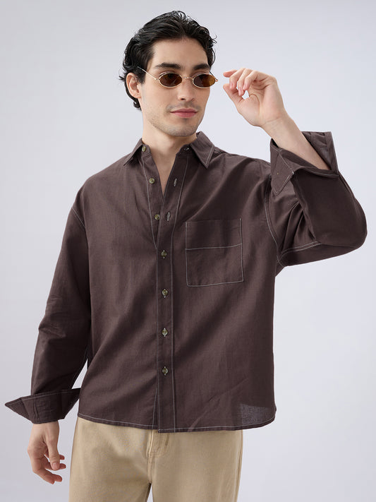 Elegant Brown Linen Contrast Stitch Boxy Fit Crop Shirt