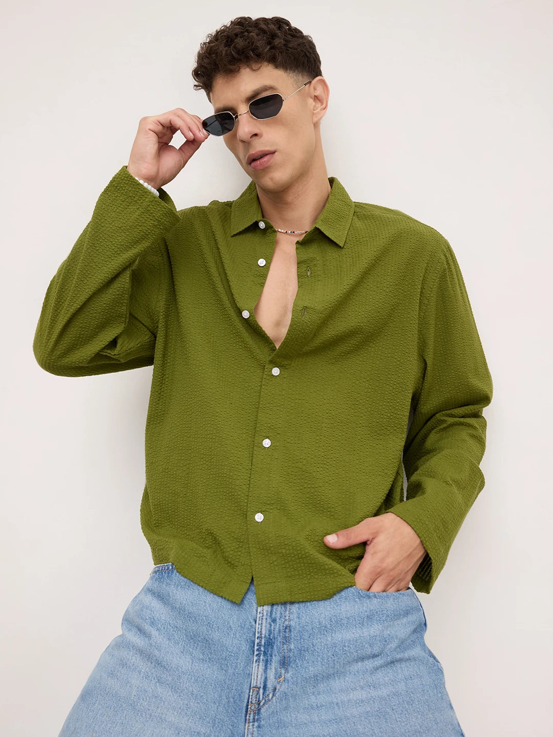 Forest Green Seersucker Cuffless Oversized Shirt