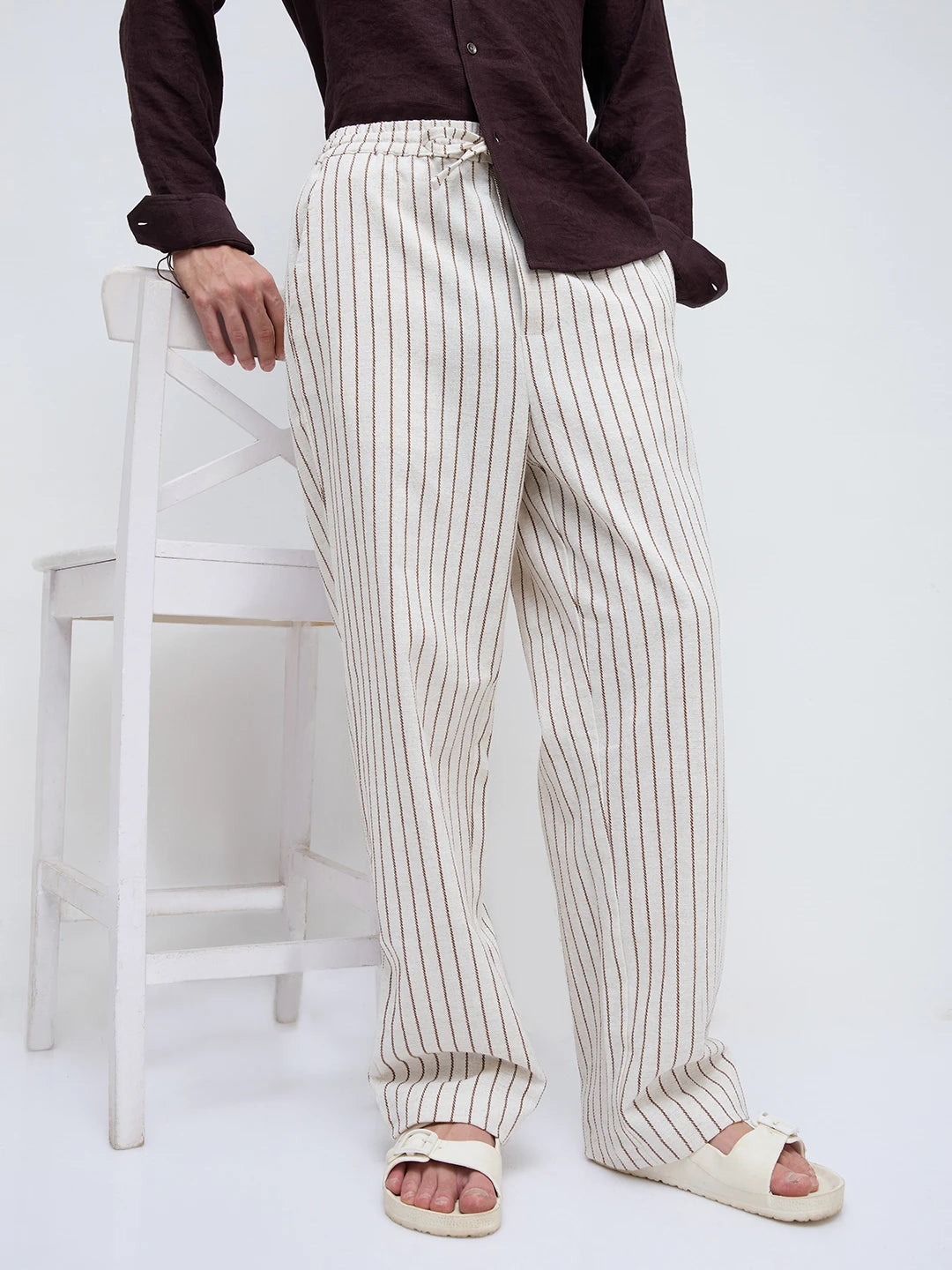 Artistic Ivory & Brown Burlap Striped Straight Fit Trousers