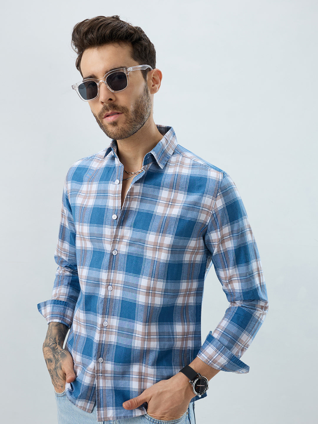 Premium Powder Blue Plaid Checks Denim Textured Shirt