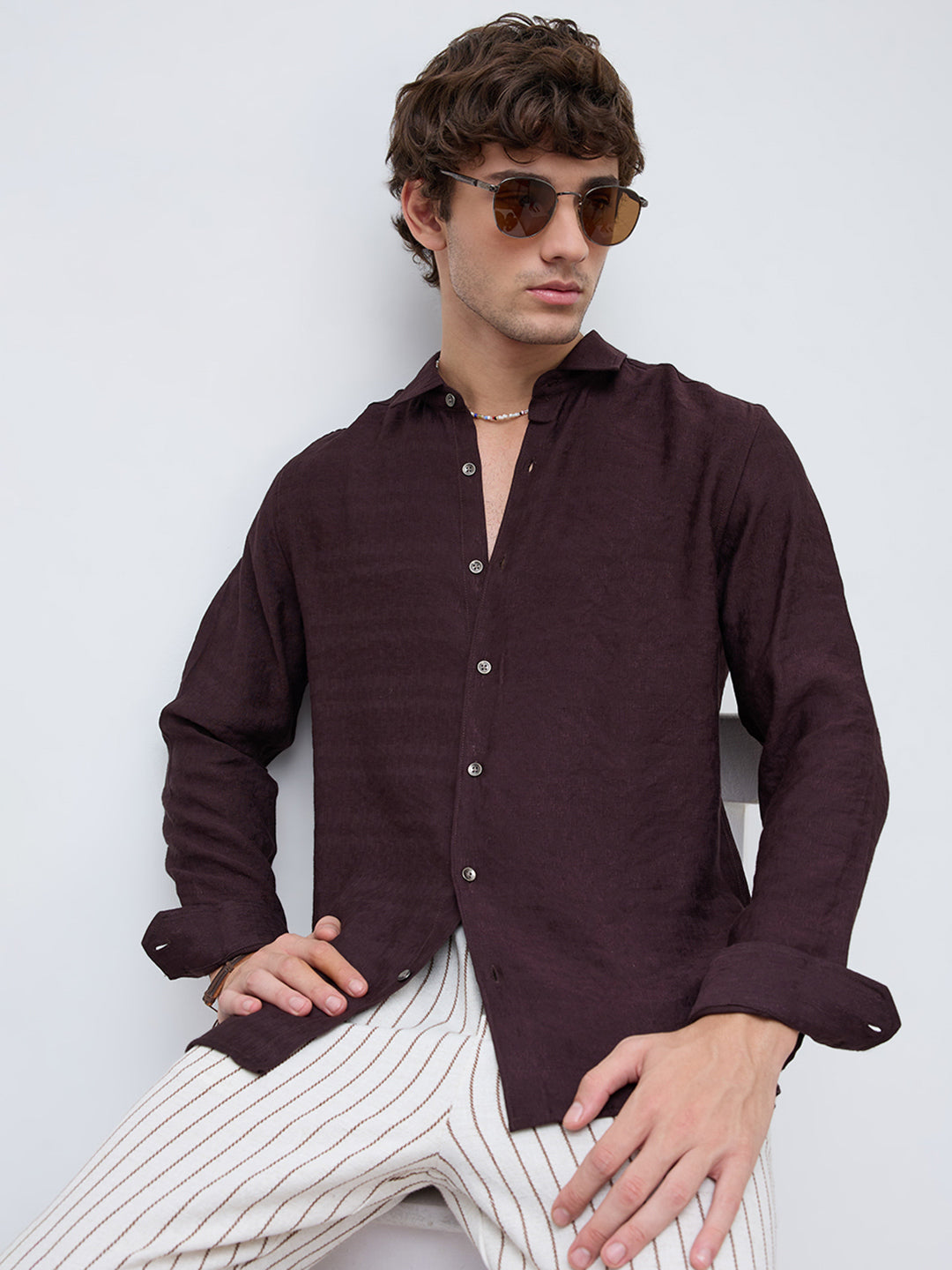 Espresso Brown Fine Textured Crepe Shirt