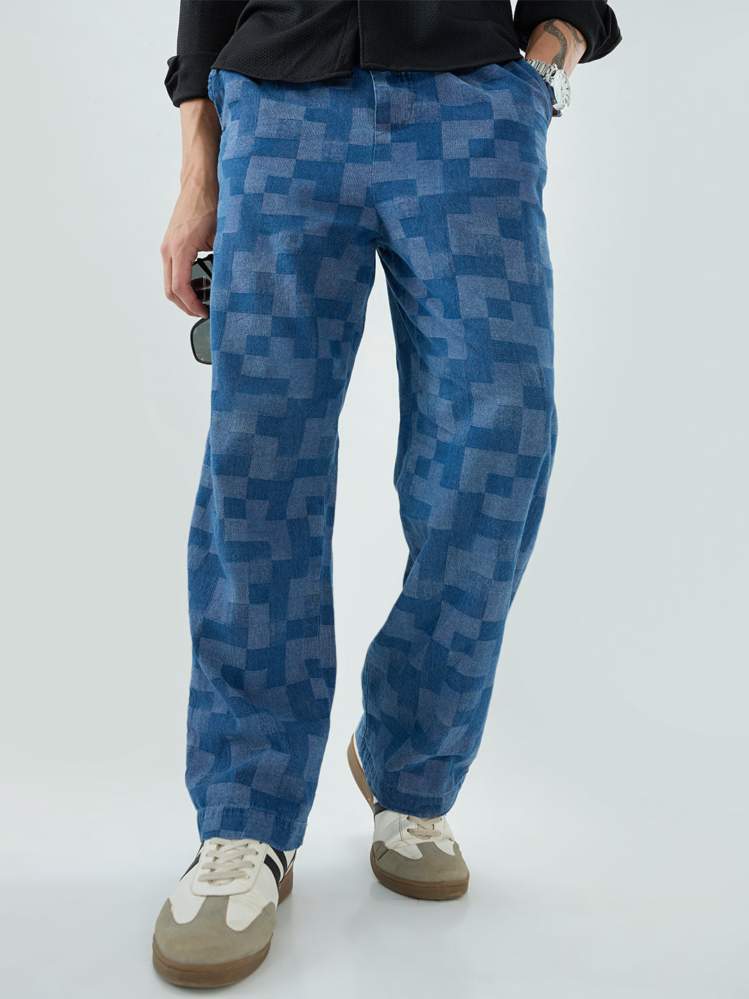 Elegant Denim Blue Box Checks Acid Wash Straight-Fit Trousers