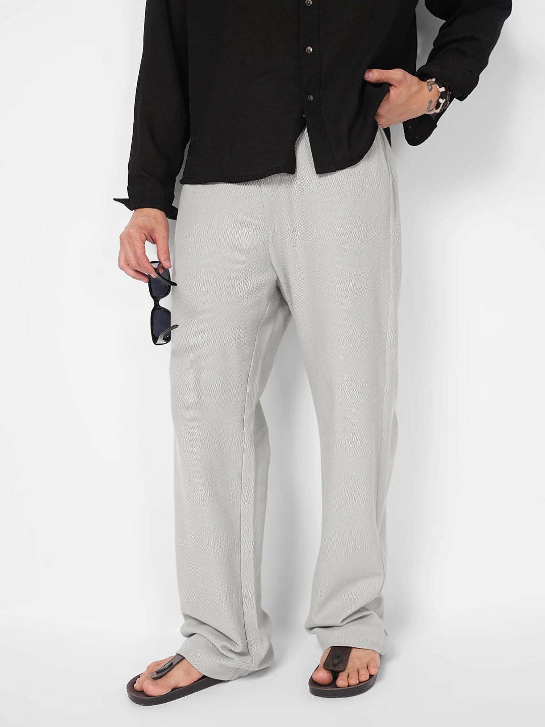 Grey Honeycomb Textured Knitted Straight Fit Trousers