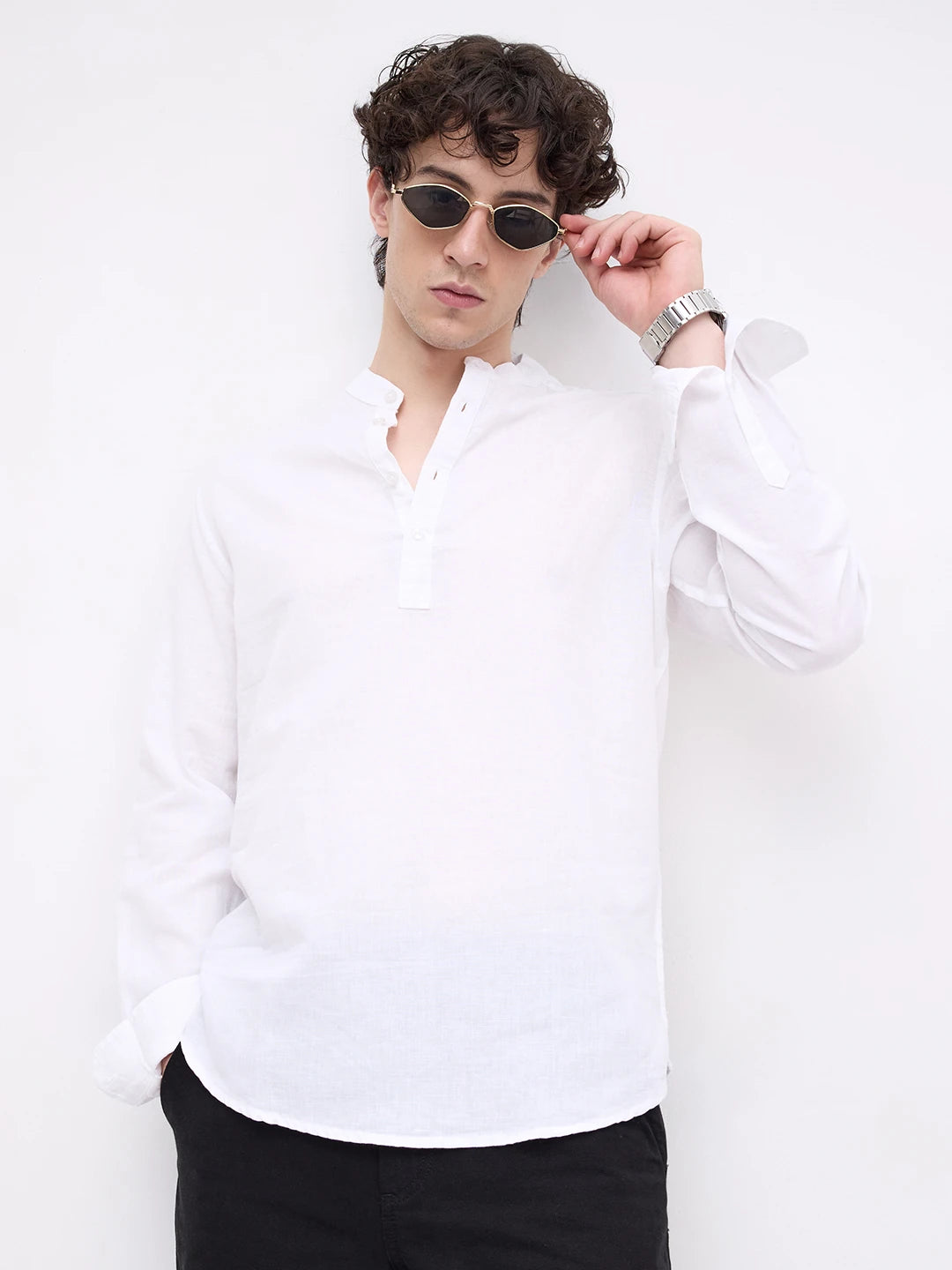 Pearl White Slub Textured Linen Blend Kurta