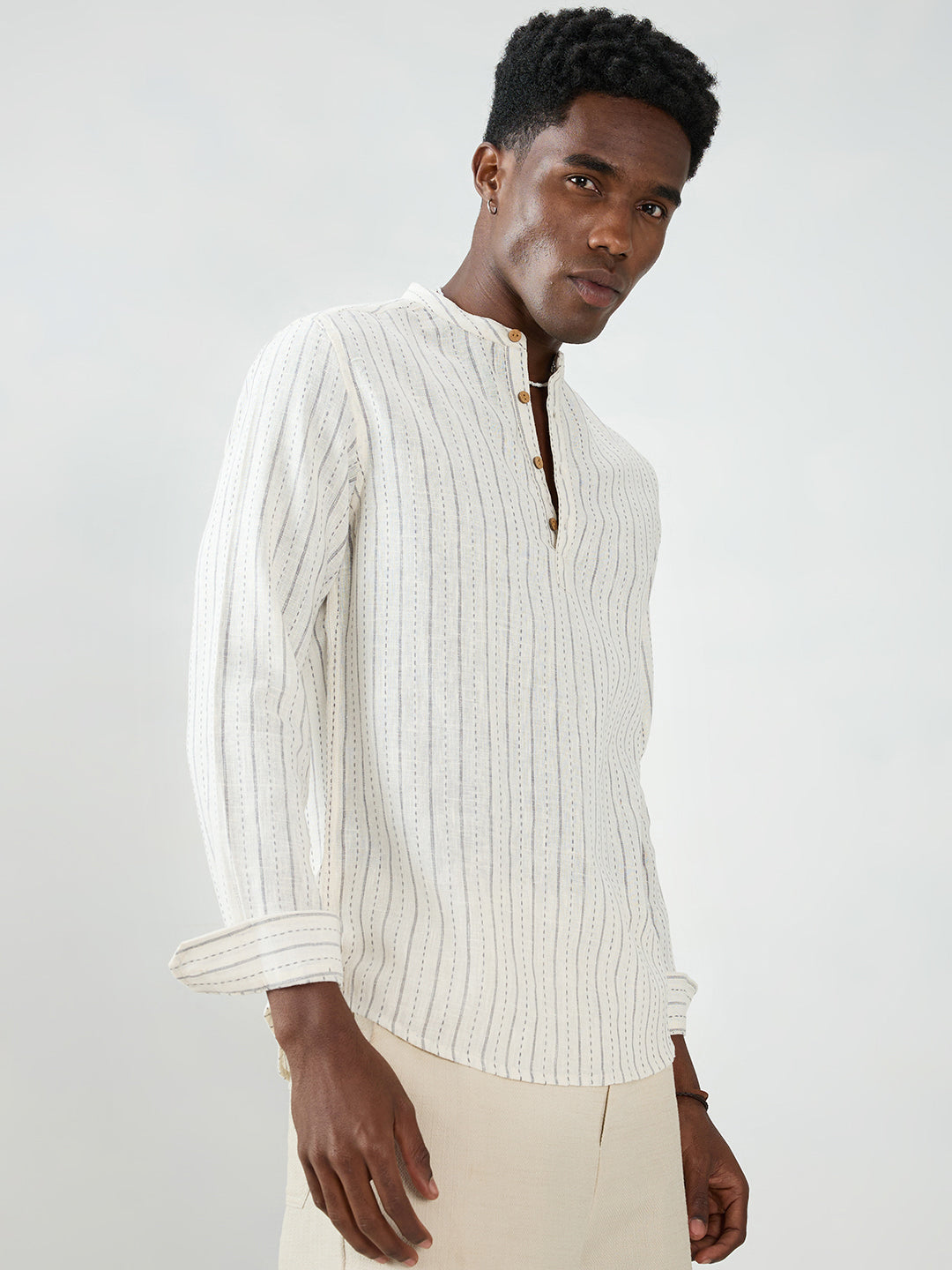 White & Grey Burlap Weaved Striped Kurta