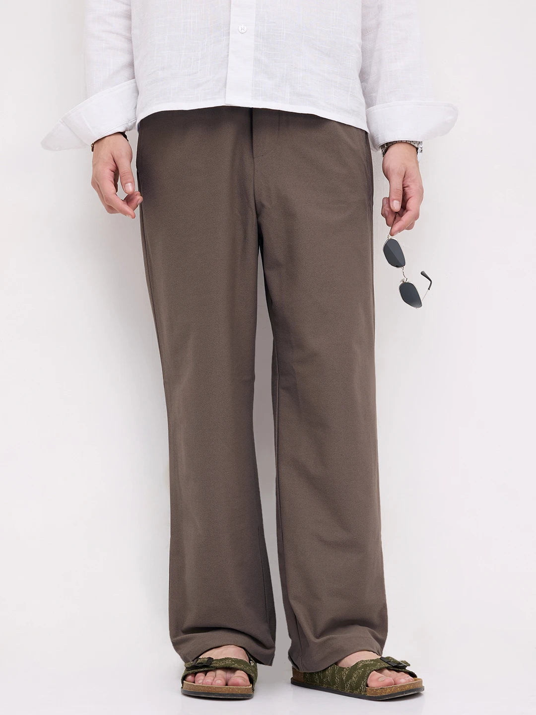 Espresso Brown Diagonal Textured Knitted Straight Fit Trousers