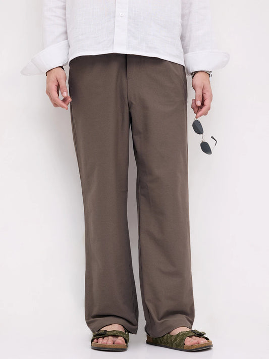 Espresso Brown Diagonal Textured Knitted Straight Fit Trousers